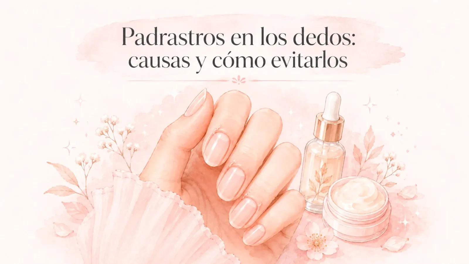 Ilustración sobre padrastros en los dedos con una mano, uñas naturales y productos de hidratación para el cuidado de la piel.
