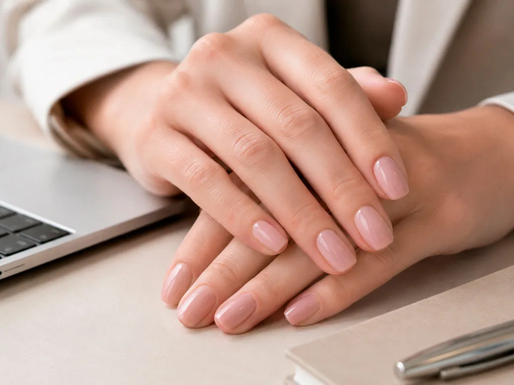 Uñas cortas color nude con acabado brillante en manos sobre escritorio de oficina.