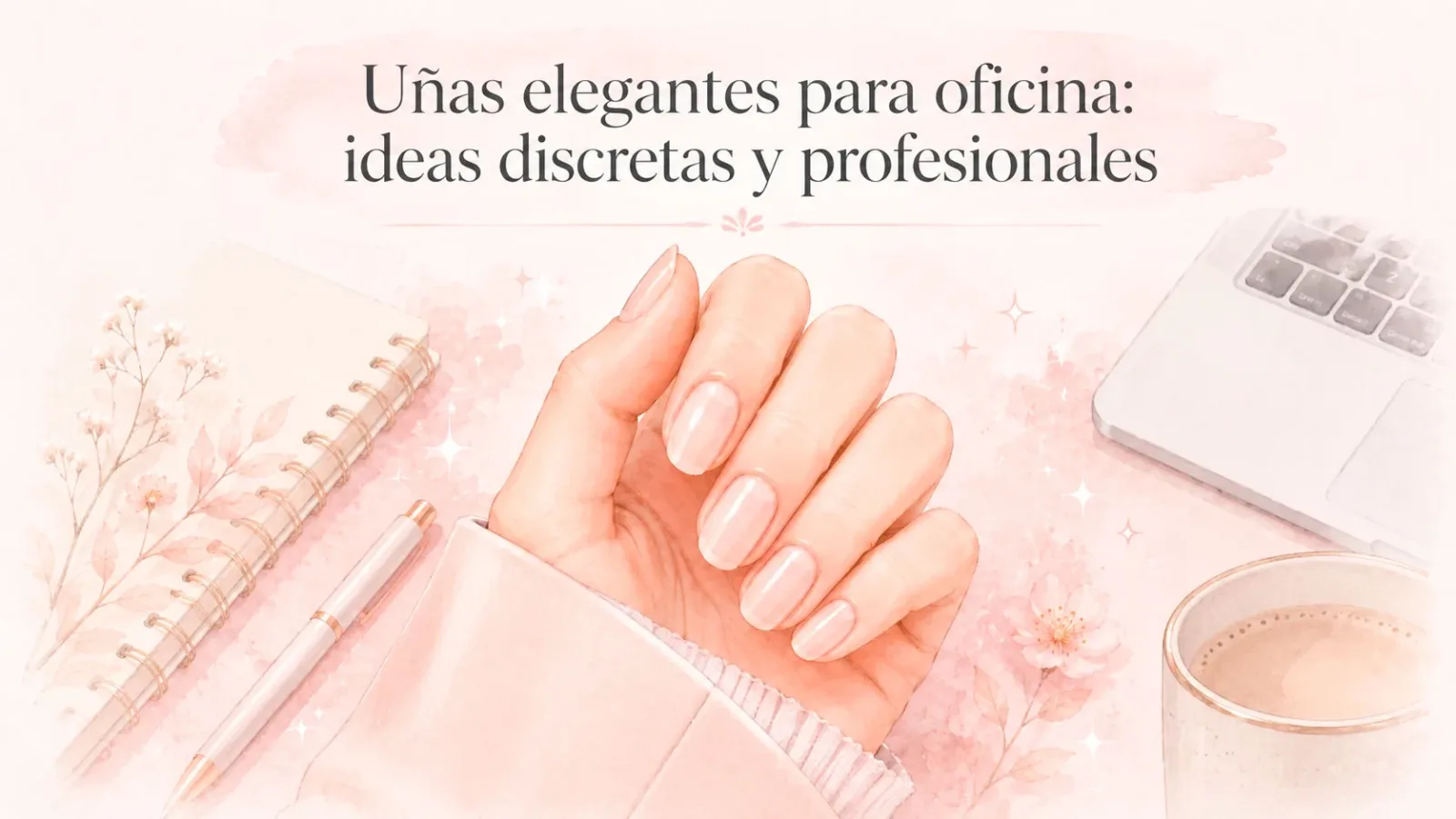 Ilustración de uñas elegantes para oficina con manicure nude, escritorio, libreta, laptop y café.
