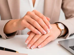 Uñas estilo francés blanco con acabado natural en manos sobre escritorio de oficina.