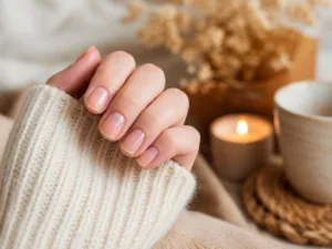 Uñas cortas naturales con acabado brillante en un ambiente relajado de autocuidado.