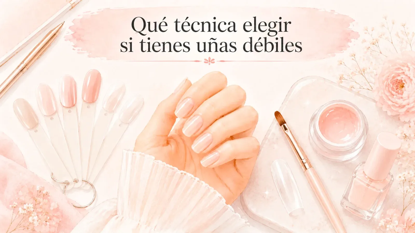 Ilustración sobre qué técnica de uñas elegir si tienes uñas débiles, con mano de manicure nude y muestras de tonos naturales.