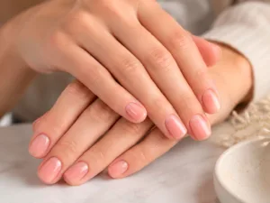Uñas cortas con rubber base en tono rosa natural y acabado brillante.