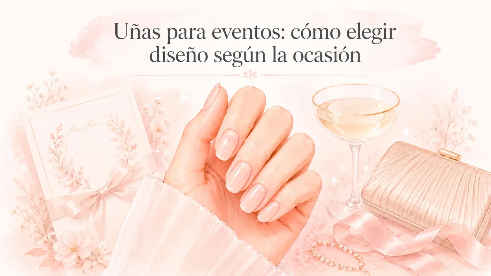 Ilustración de uñas para eventos con manicure nude, copa, clutch y detalles elegantes.