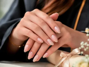 Uñas para graduación con base nude, detalles dorados y acabado brillante.